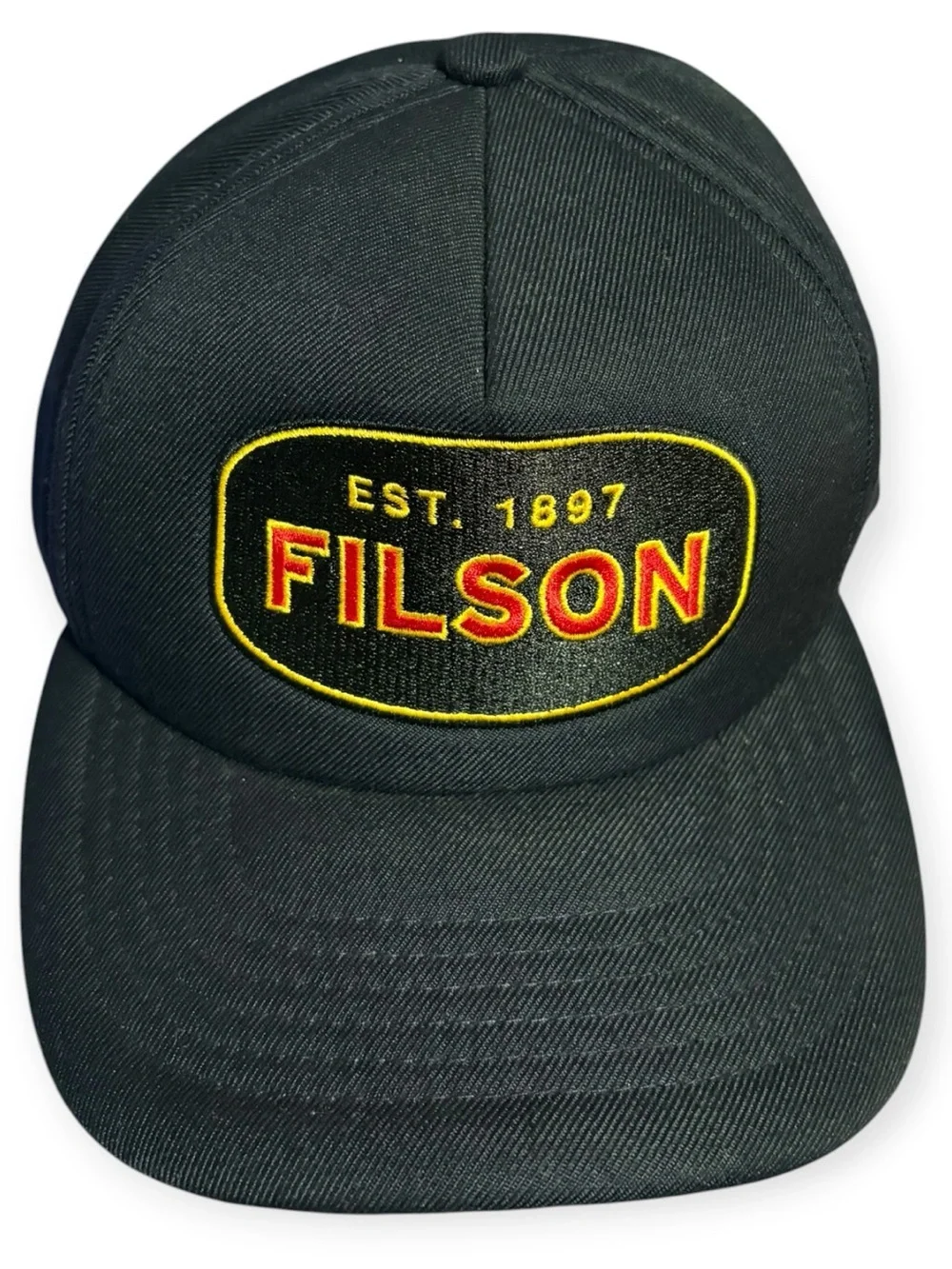Filson Harvester SnapBack Cap Navy Blue Embroidered Patch EUC